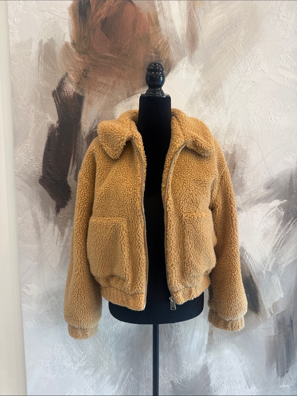 Cozy Teddy Faux-Sherpa Zip crop Jacket - Camel